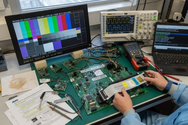 An image of an engineer connecting a stretched display to a mainboard on a test bench, with a focus on the interface cable