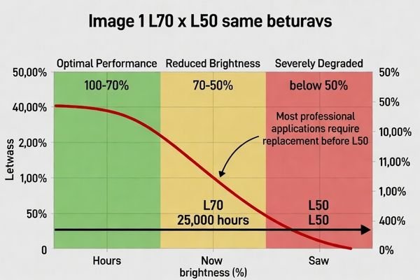 A graph showing the degradation curve again, emphasizing that L70 is an earlier point in time than L50