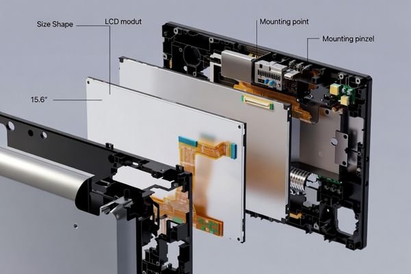 A CAD drawing showing the interference between a standard LCD module's wide bezel and the slim design of a modern product casing