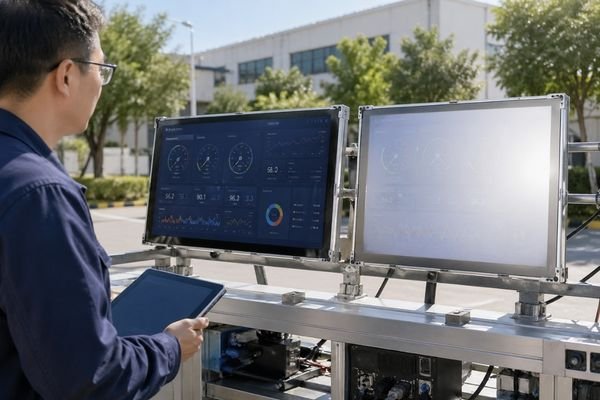 Outdoor brightness testing of industrial LCD display modules comparing sunlight readable screen performance with glare-affected display readability