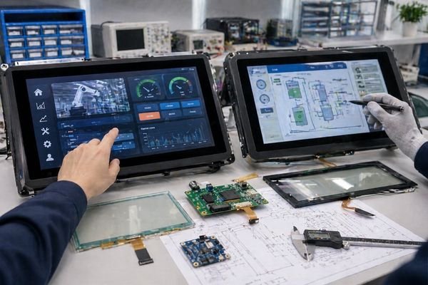Engineer comparing PCAP and resistive touch integration on industrial LCD modules with finger input, stylus operation, controller boards, and cover glass samples