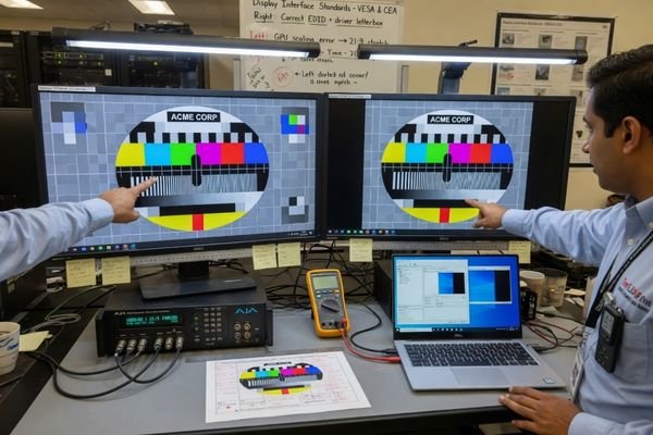 An image showing a 16:9 input signal being incorrectly stretched onto a bar type LCD display, compared with a properly matched native-resolution output