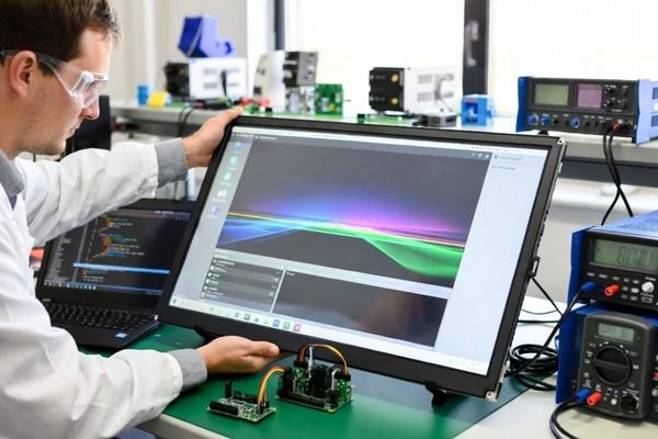 An engineer holding a standard LCD module that is powered on, with a simple prototype board next to it on a clean lab bench