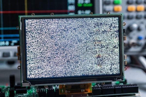 Industrial LCD display module showing random snow and flickering pixel noise during signal fault diagnosis