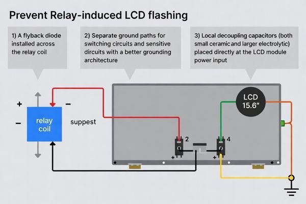 A diagram illustrating corrective actions: a flyback diode on the relay, separate ground paths, and local decoupling capacitors
