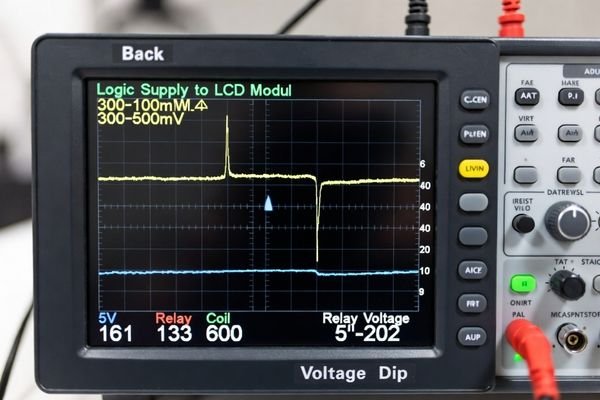 An oscilloscope screen showing a voltage dip on a power rail synchronized with a relay switching event