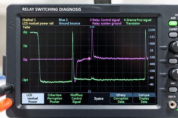 An oscilloscope display showing four channels: power, ground, relay trigger, and a data line