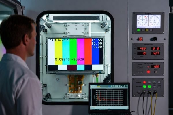 Industrial LCD display module being tested in an environmental chamber for reliability validation