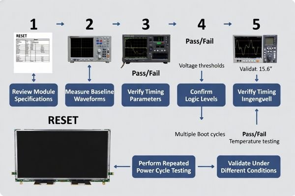 Flowchart showing RESET validation workflow from datasheet review to measurement and stress testing