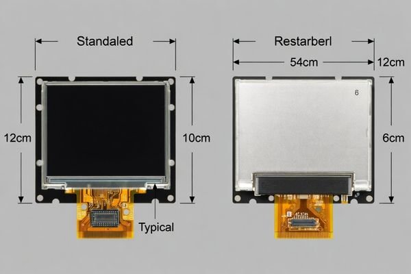 An image showing a standard rectangular LCD module next to a custom-shaped one designed to fit a unique product enclosure