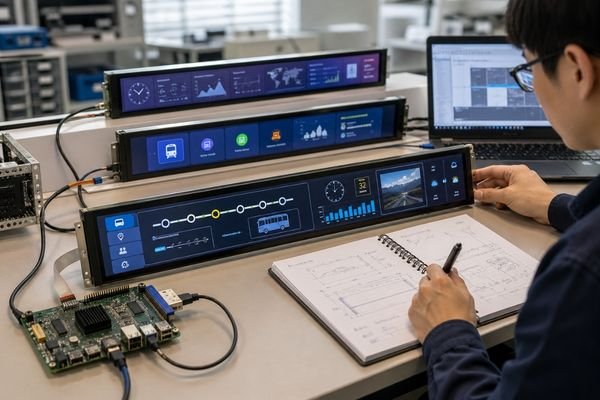 Engineer evaluating stretched LCD display modules with different aspect ratios for resolution, UI scaling, and mainboard output compatibility