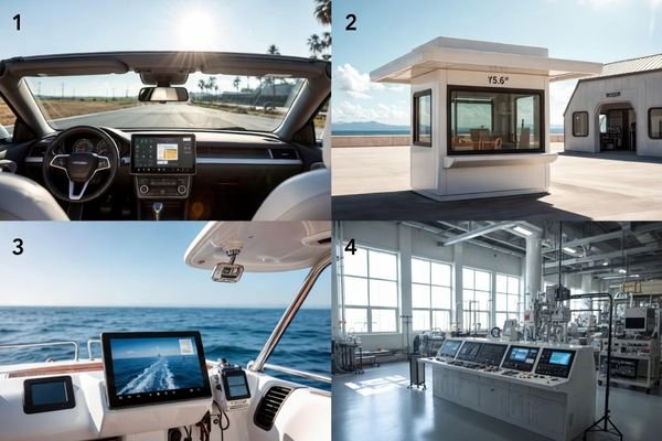 An image collage showing outdoor kiosks, vehicle displays, marine equipment, and industrial terminals in bright environments