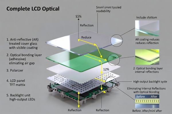 A cross-section of a sunlight-readable LCD display stack showing the LCD, optical bonding layer, and treated cover glass