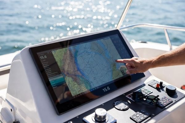 An image of a marine navigation device with a sunlight readable display showing a clear map under bright daylight