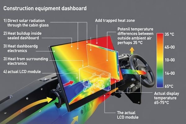 A technical drawing showing heat buildup and solar loading on a dashboard-mounted display