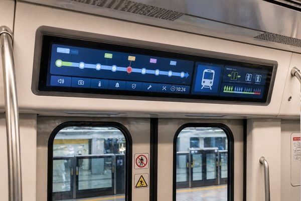 Ultra-wide LCD module integrated in transportation equipment for route information, passenger guidance, and horizontal display layout