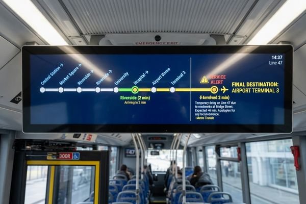 Ultra-wide LCD route display module for passenger information in transportation equipment