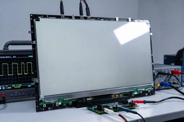 Industrial LCD display module in an engineering test setup with oscilloscope for RESET timing and logic level validation