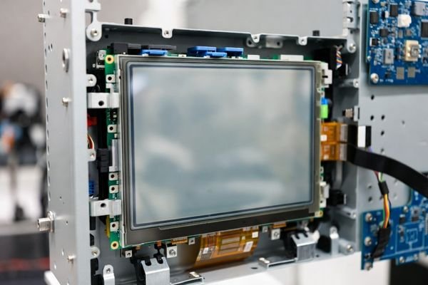 Off-the-shelf LCD module forced into a real equipment enclosure with adapter boards, extra cables, and mechanical mismatch