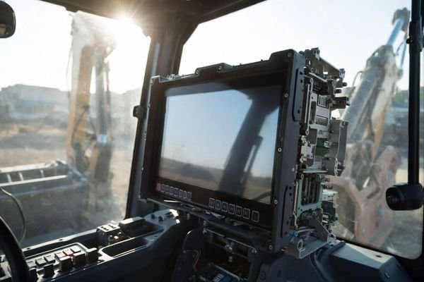 Large wide-temperature LCD display module integrated into a construction machinery cabin dashboard under bright outdoor working conditions
