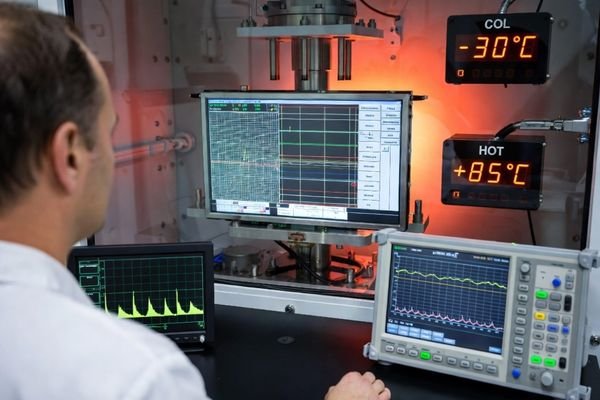 An engineer observing an LCD module during a test inside a thermal chamber
