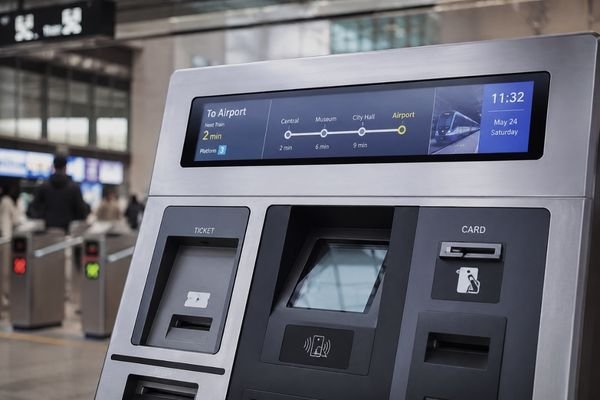 12.3-inch bar LCD module embedded in a transportation ticketing terminal with route information display