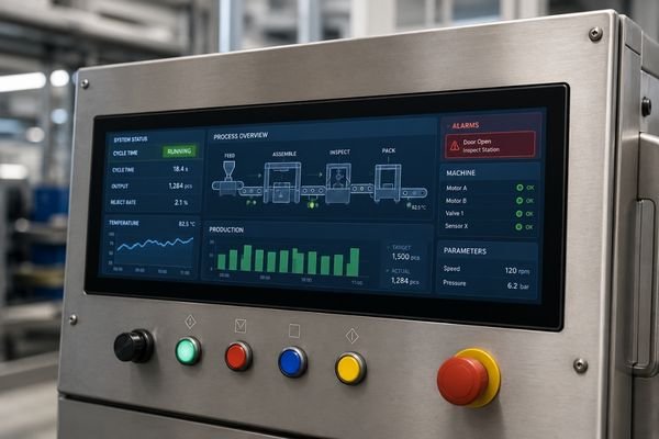 17.3-inch ultra-wide LCD module integrated into an industrial control panel for machine interface visualization