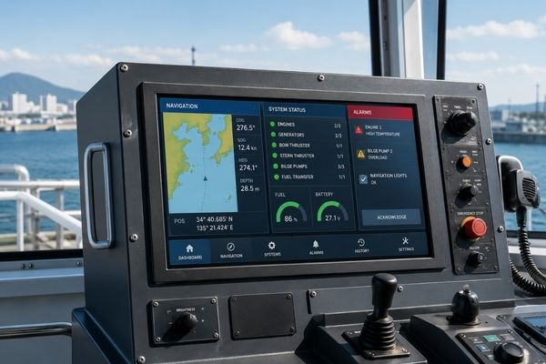 23.8-inch sunlight-readable LCD module integrated into a marine control console under bright natural light