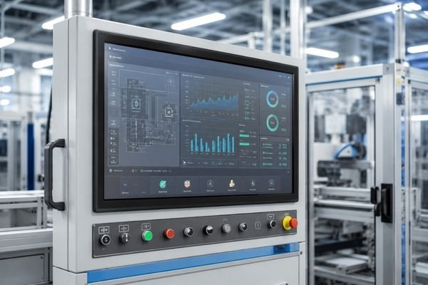 27-inch high brightness industrial LCD module integrated into a machine control panel for industrial equipment applications