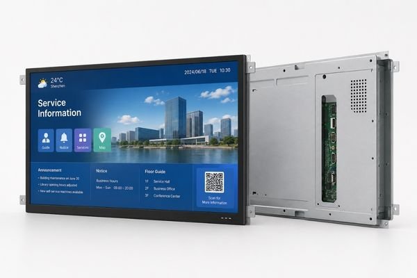 43-inch commercial TFT LCD module with front display and rear metal chassis for project integration