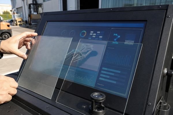 Engineer comparing anti-glare and anti-reflective cover glass samples on an outdoor industrial LCD module for visibility and reflection control