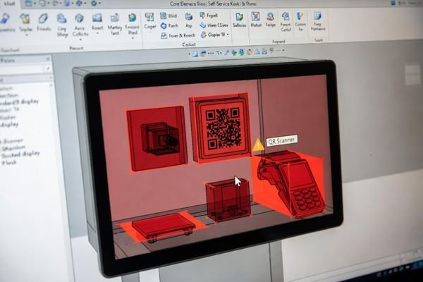 A diagram showing a cross-section of a ticketing kiosk where a standard 16:9 display increases enclosure height and pushes ticketing components into less efficient positions.