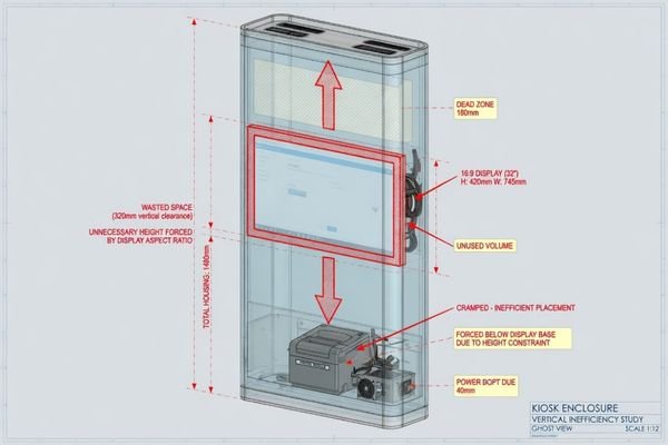 A CAD-style layout showing how a standard 16:9 screen can force a kiosk enclosure to become taller, leaving unused space and pushing other components into less efficient positions.