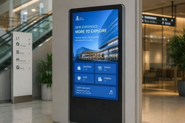 Commercial display module integrated into digital signage equipment for a modern commercial building