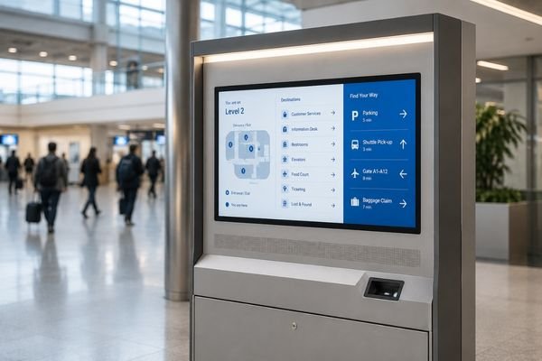 Large-format commercial display module integrated into a wayfinding kiosk for terminal information systems