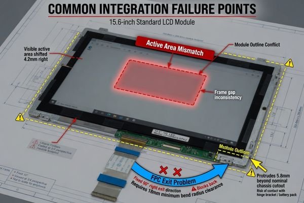 An image highlighting the common points of failure on an LCD module: the active area boundary, the overall module outline, and the FPC exit point.