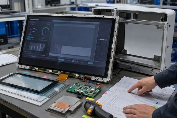 Custom LCD module development risk review showing enclosure fit, interface board, cover glass, thermal component, FPC cable, and mechanical drawings