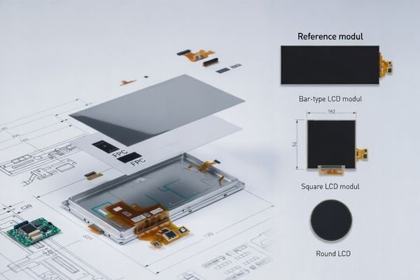 Custom LCD module engineering layout with exploded display layers, FPC, controller board and reference LCD formats