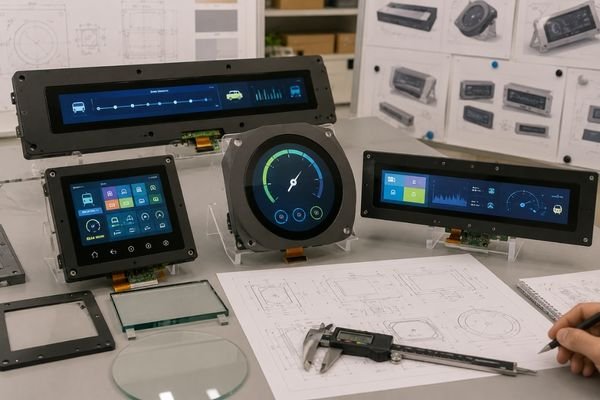 Custom-shaped LCD modules shown in a product design review scene with bar type, square, round, and ultra-wide display formats for device integration
