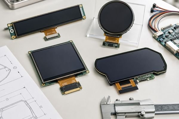 Custom special-shaped LCD modules on an engineering workbench with FPC connectors, interface boards, and measurement tools