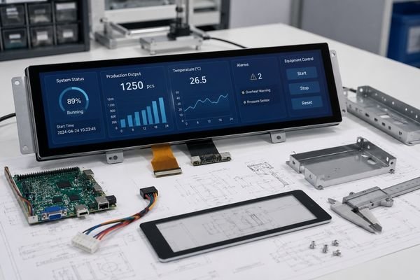 Custom ultra-wide LCD module on engineering workbench with interface cable, controller board, cover glass, and mounting parts