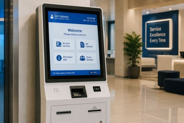 Embedded commercial display module used in a self-service kiosk for service selection and queue management