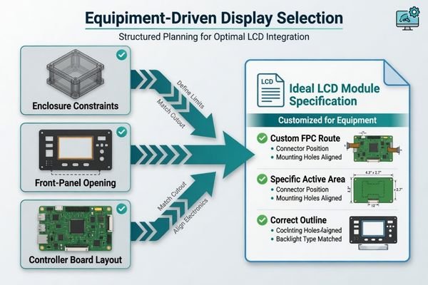 A diagram showing how equipment constraints (enclosure, front panel, controller board) flow into the specification requirements for an ideal LCD module.