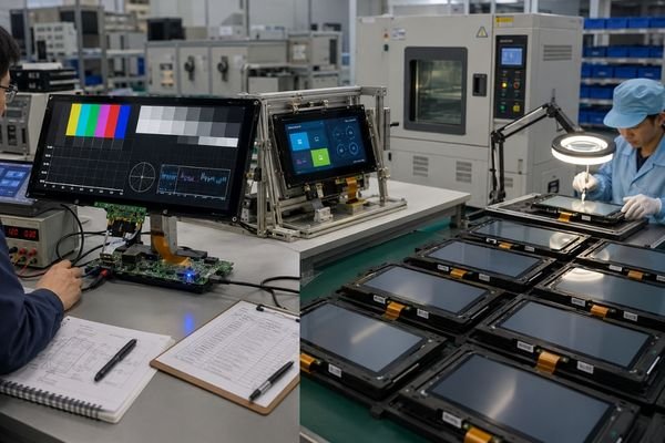 Custom LCD modules undergoing EVT, DVT, and PVT validation in an engineering lab with test fixtures, inspection tools, and pilot production trays