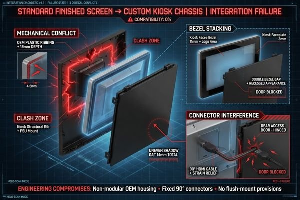 A diagram illustrating common integration problems with finished screens, including housing thickness, bezel mismatch, connector position, and front-panel fit limitations.