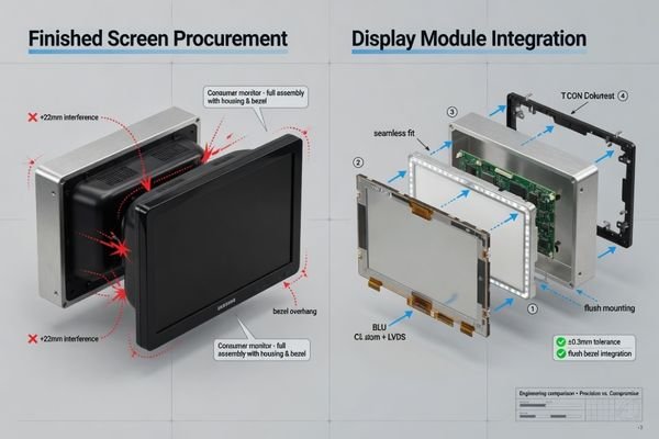 A side-by-side comparison showing a finished screen with a larger external housing and an integrated display module fitted into a custom terminal front panel.