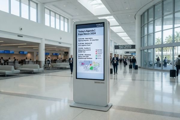 A standard commercial display mounted on a wall in an office lobby, functioning as a simple digital sign.