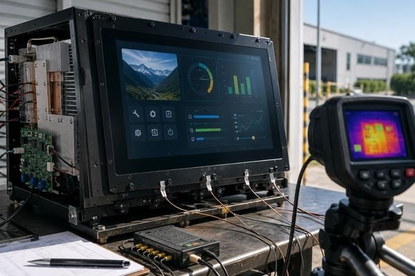 High brightness LCD module undergoing thermal validation in a rugged enclosure with heat spreader, driver board, sensor wires, and infrared inspection device