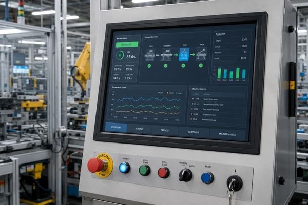 Industrial LCD module under optical inspection for brightness, reflection control, and front-surface readability evaluation