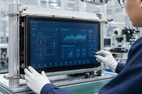 Technician inspecting an industrial LCD module for optical bonding, cover glass, and display integration quality
